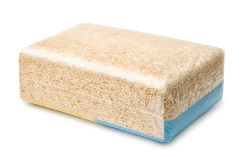 a clear bag of pine shavings