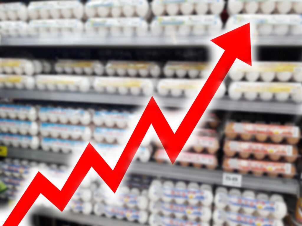 Abstract blurred image of big red arrow growing on egg background. Bar charts and charts. Food prices rose. Inflation concept. retail. Finance. stock market. shop.